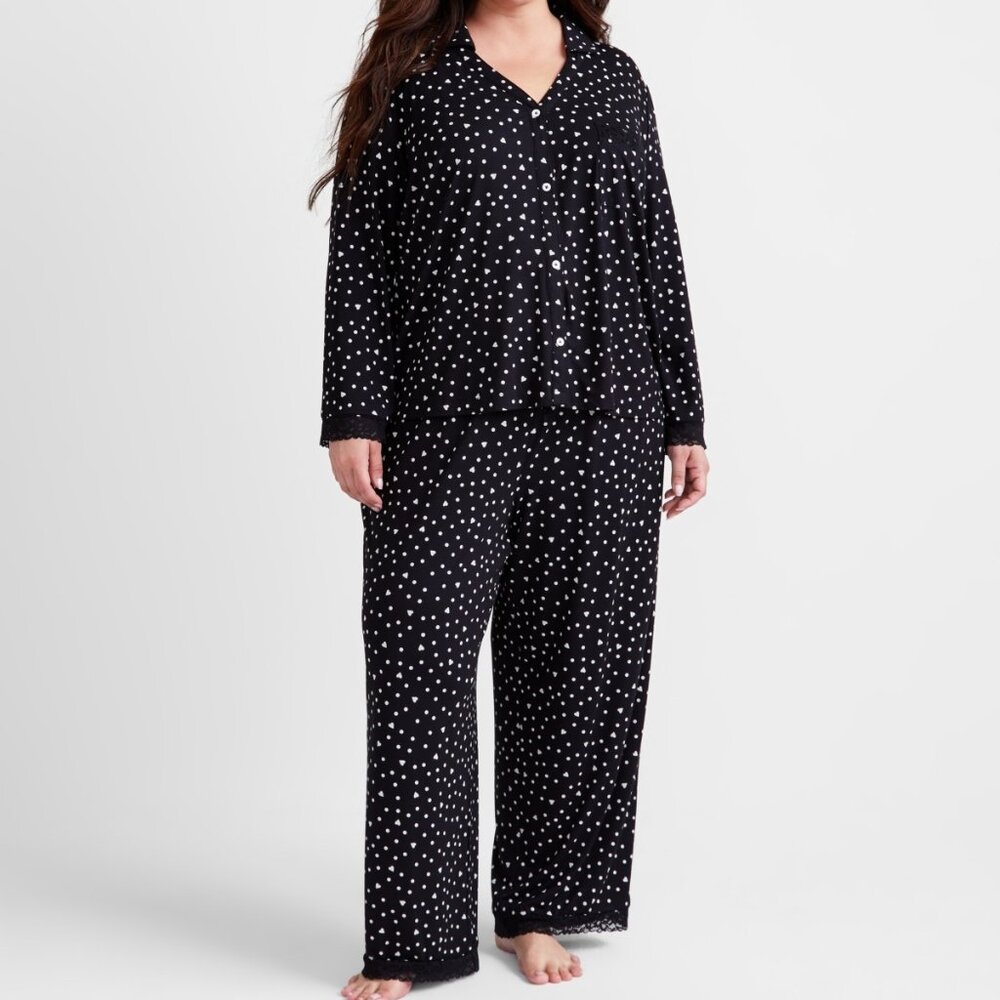 #150. State of Day Women's Collared Knit Pajama Set,  Black polka dot